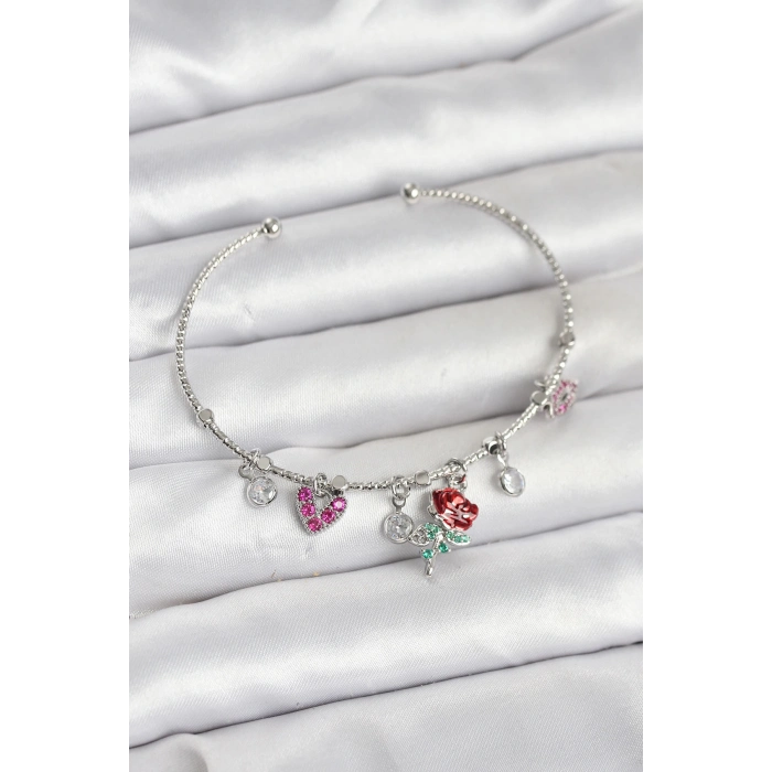 ÇOK SATAN Gül Charmlı Gümüş Renk Pirinç Kadın Bileklik