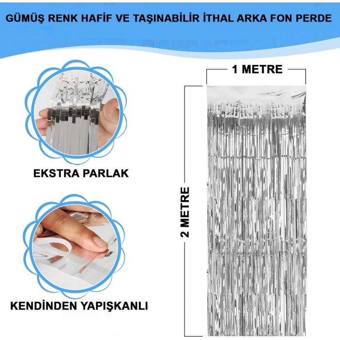 ÇOK SATAN Gümüş Renk Ekstra Metalize Parlak Saçaklı Arka Fon Perde İthal A Kalite 1x2 Metre