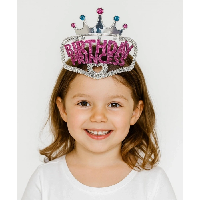 ÇOK SATAN Gümüş Renk Taç Üzeri Pembe Birthday Prenses Yazılı Çocuk Parti Tacı 11X12 cm