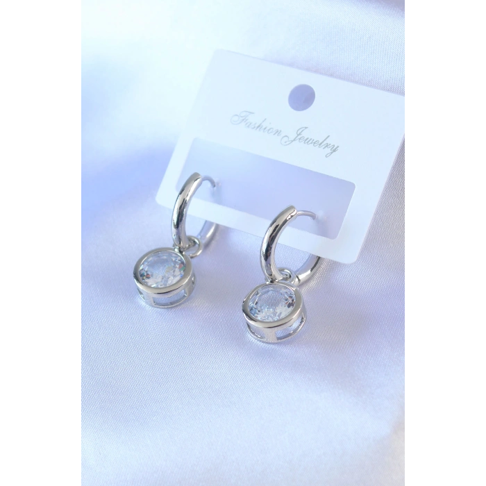 ÇOK SATAN Gümüş Renk Zirkon Taşlı Pirinç Kadın Küpe