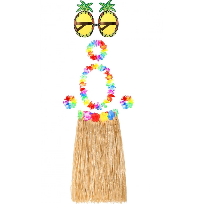 ÇOK SATAN Hawaii Parti Kostüm Seti - 60 Cm Hasır Etek, Çiçekli Aksesuarlar Ve Ananas Gözlük