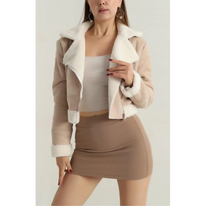 ÇOK SATAN İçi kürklü dışı süet kısa kaban bej t1186