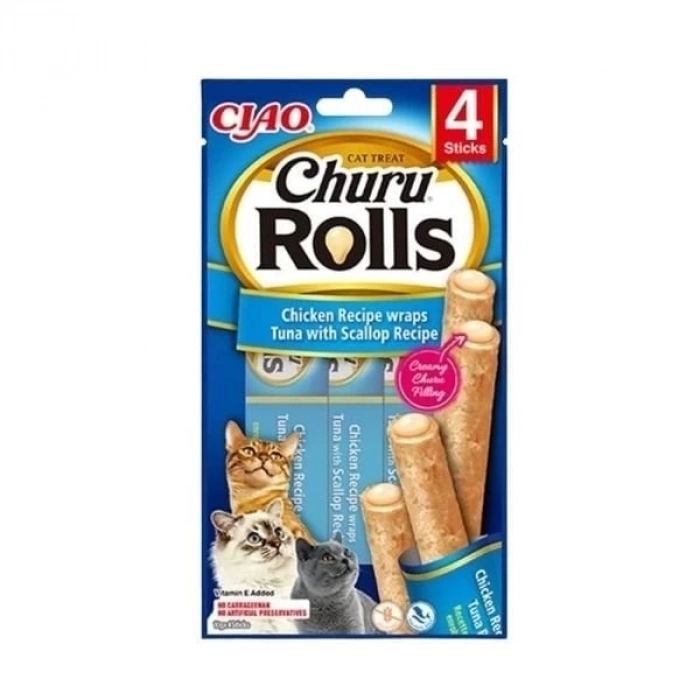 ÇOK SATAN Inaba Ciao Churu Rolls Sticks Tavuk Sargılı Deniz Taraklı ve Ton Balıklı Kedi Ödül Maması 10 Gr 4 Adet
