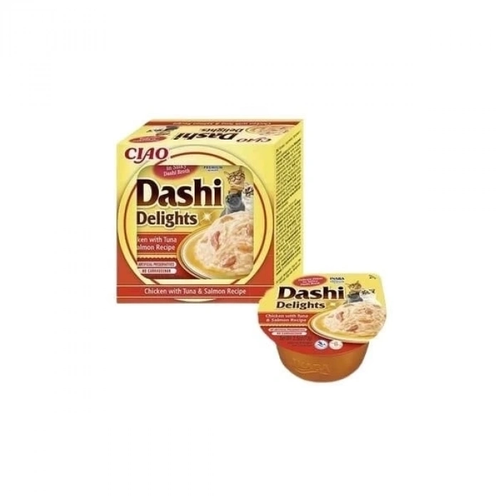 ÇOK SATAN Inaba Ciao Dashi Delights Tavuklu Ton ve Somon Balıklı Kedi Çorbası 70 Gr