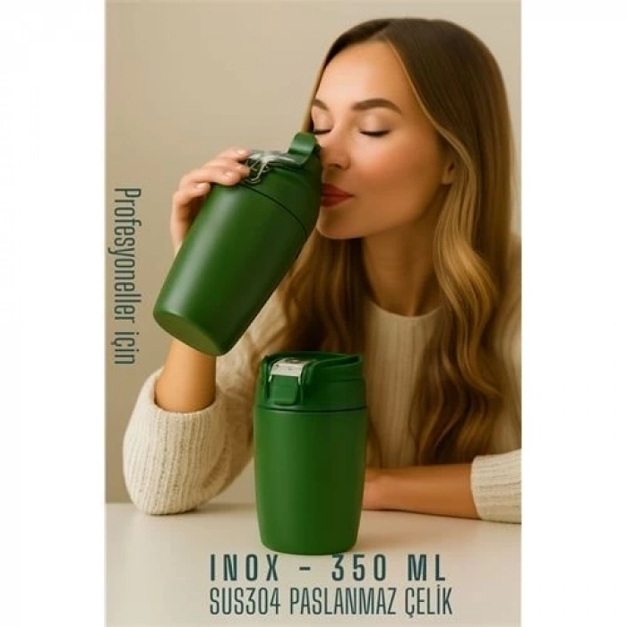 ÇOK SATAN Inox Çelik Kahve Bardağı - 350 ml  SUS304 Çelik Termos Profesyonel YEŞİL