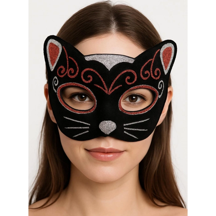 ÇOK SATAN Kadife Dokulu Sim Detaylı Işıltılı Kedi Maskesi Kırmızı Gümüş 20x13 Cm