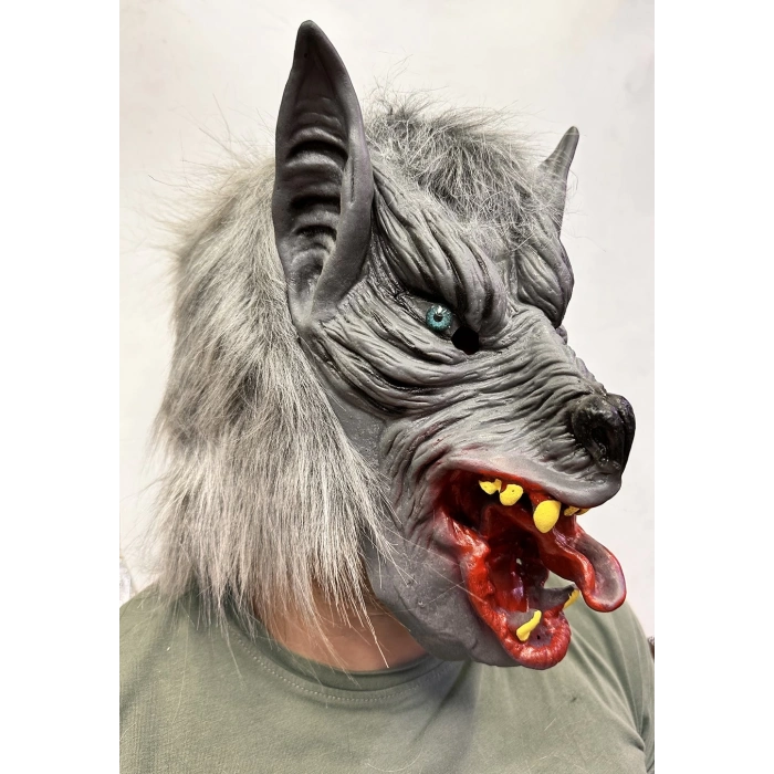 ÇOK SATAN Kafaya Tam Geçmeli Lateks Dil Çıkaran Mavi Gözlü Kurt Maskesi