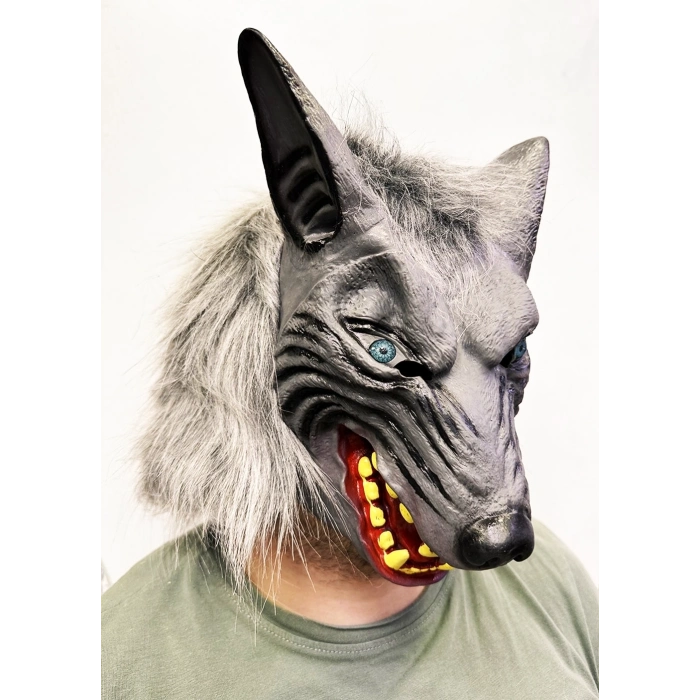 ÇOK SATAN Kafaya Tam Geçmeli Lateks Mavi Gözlü Dişli Ağzı Açık Kurt Maskesi