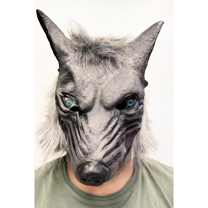 ÇOK SATAN Kafaya Tam Geçmeli Lateks Mavi Gözlü Dişli Ağzı Açık Kurt Maskesi