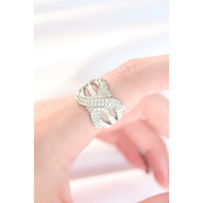 ÇOK SATAN Kalın Zirkon Taşlı Silver Renk Ayarlanabilir X Tasarım Yüzük
