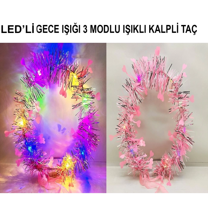 ÇOK SATAN Kalp Püsküllü Gece Parıltısı 3 Modlu Led39li Işıklı Taç Pembe Renk