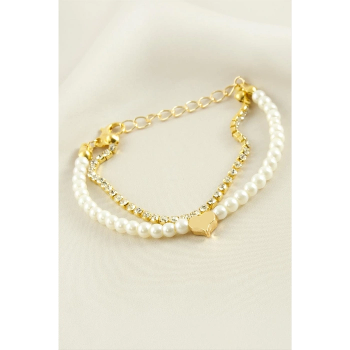 ÇOK SATAN Kalp Şerit Taşlı İnci Bileklik