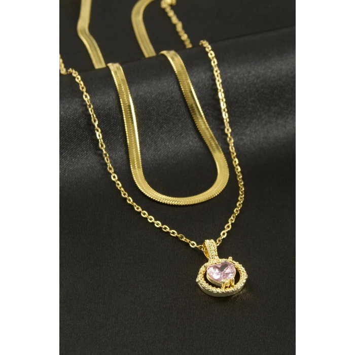 ÇOK SATAN Kalp Zirkon Taşlı Çelik İkili Kolye