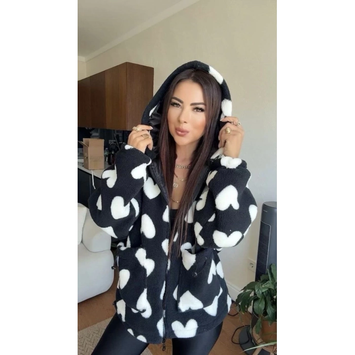 ÇOK SATAN Kalpli peluş ceket içi astarlı siyahbeyaz