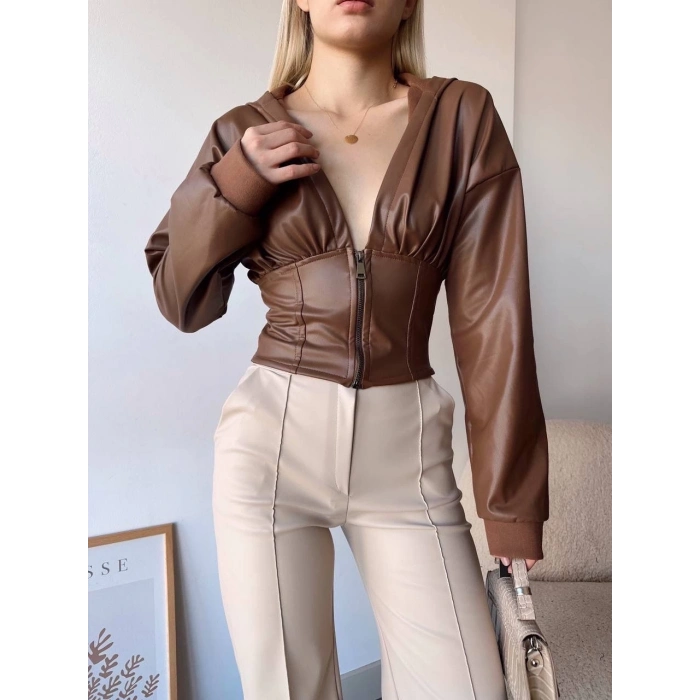 ÇOK SATAN Kapşonlu yarım fermuarlı ceket kahve h24116