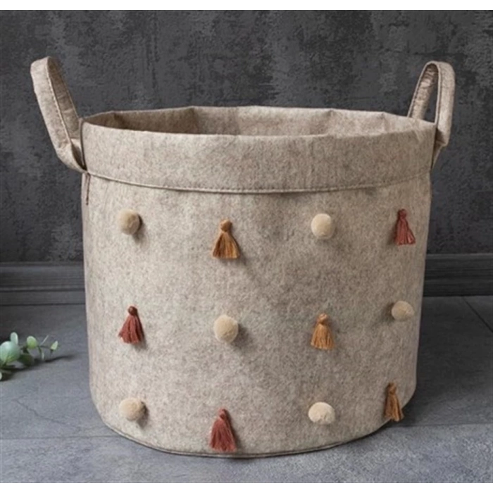 ÇOK SATAN Katlanabilir Çok Amaçlı Ponponlu Yuvarlak Düzenleyici Saklama Kutusu Organizer Keçe (mini Boy) - 03785