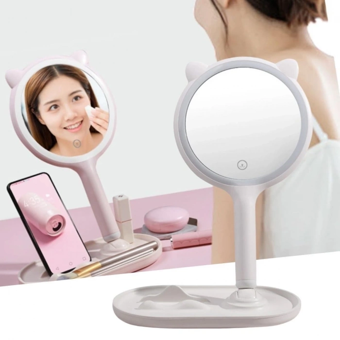 ÇOK SATAN Kedi Kulaklı Telefon Standlı Yuvarlak Dokunmatik Led Ayarlı Masa Üstü Makyaj Aynası