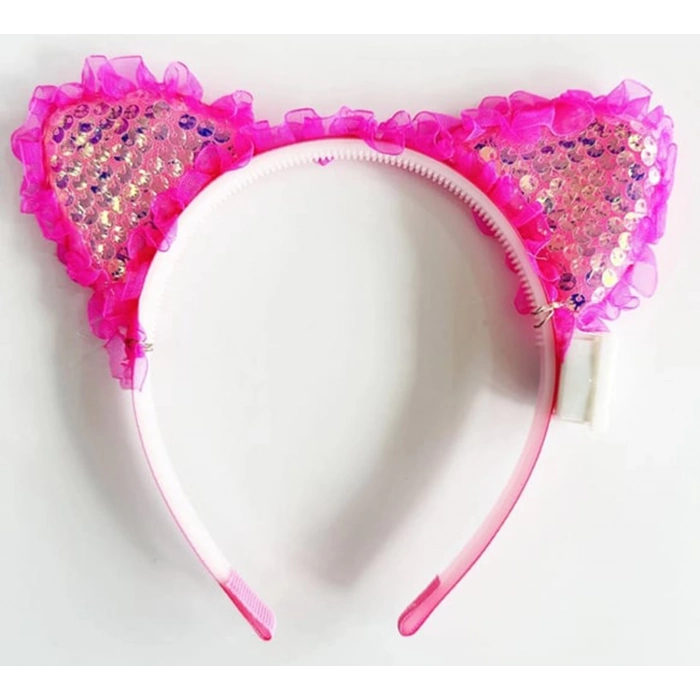 ÇOK SATAN Kenarları Dantelli Fuşya Pullu Payetli Led Işıklı Kedi Kulak Taç 17x19 cm