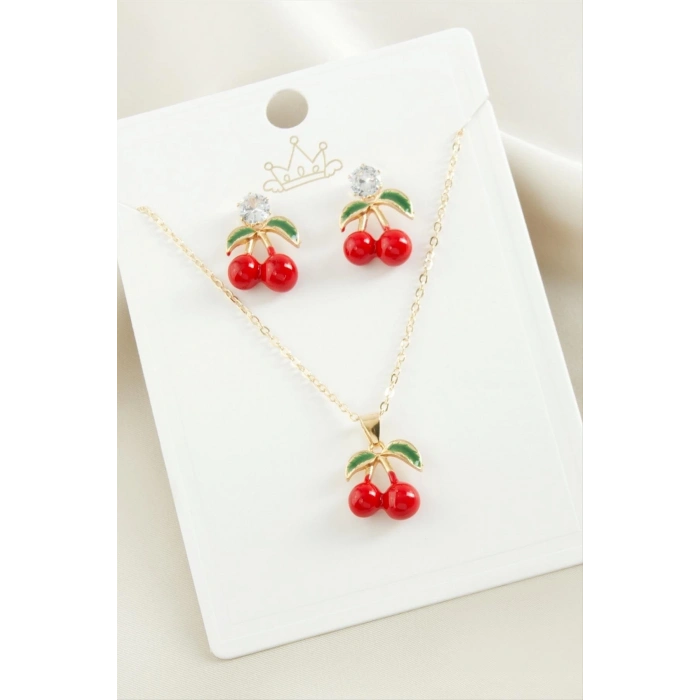 ÇOK SATAN Kiraz Zirkon Taşlı Mineli Set Kolye