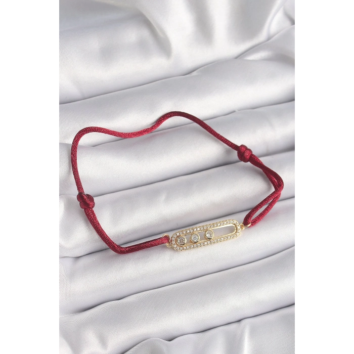 ÇOK SATAN Kırmızı İpli Asansörlü Zirkon Taşlı Gold Messika Model Kadın Bileklik