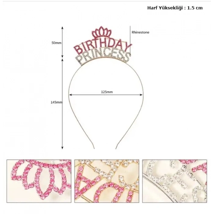ÇOK SATAN Kristal Taşlı Pembe Birthday Princess Yazılı Parti Tacı 19x11 Cm