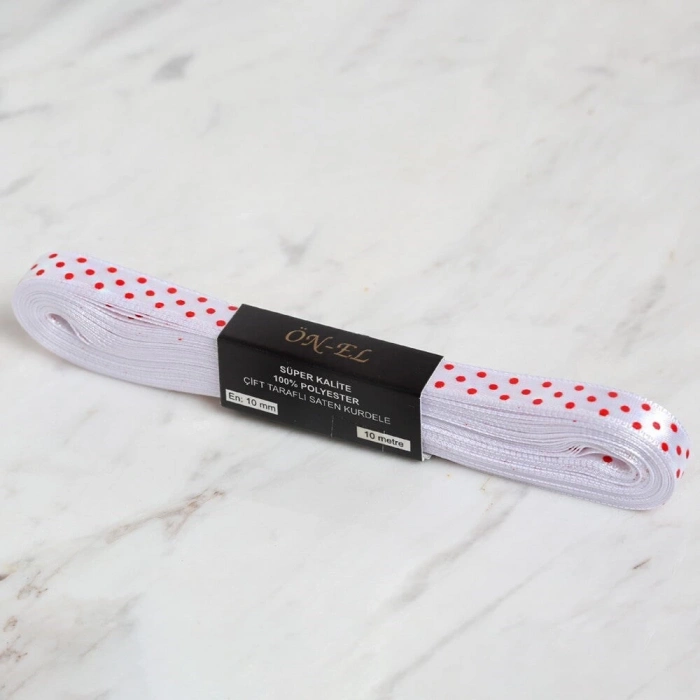 ÇOK SATAN Loren Crafts 1cm 10 mt Beyaz Saten Puantiyeli Kurd