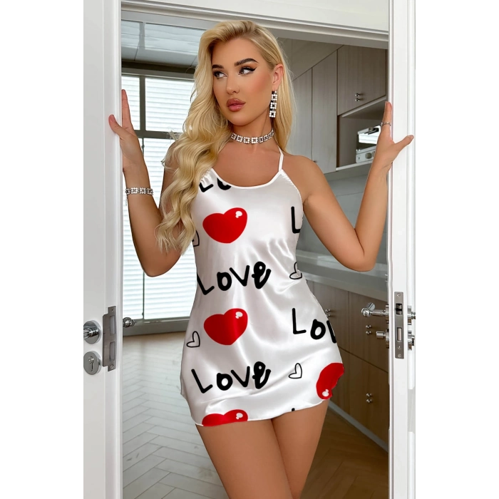 ÇOK SATAN Love Desenli Beyaz Saten Gecelik