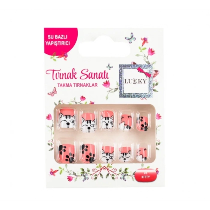 ÇOK SATAN Lukky Kedi Baskılı Yapışkanlı Takma Tırnak Seti