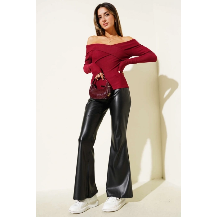 ÇOK SATAN Madonna Çapraz Yaka Bluz Bordo t4331
