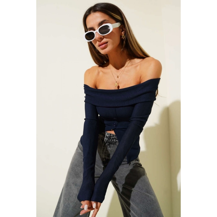 ÇOK SATAN Madonna Yaka Düğmeli Bluz Lacivert t4329