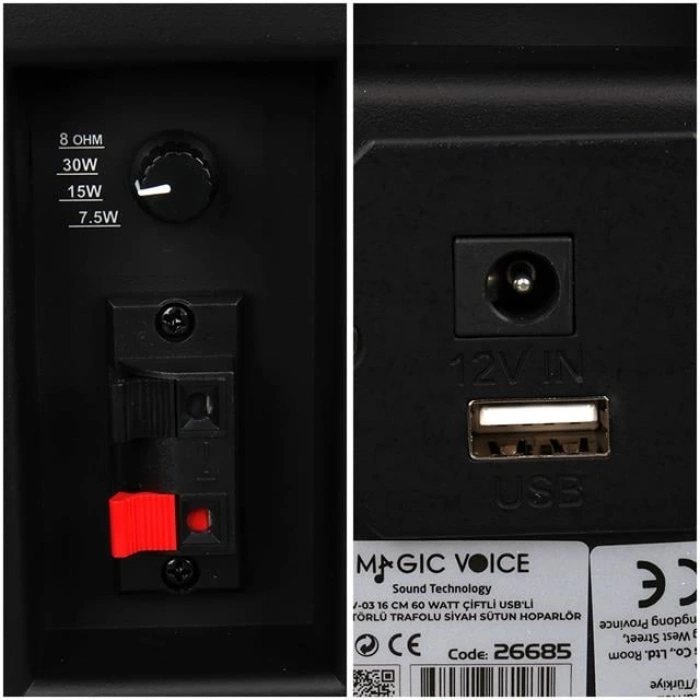 ÇOK SATAN Magicvoice Mv-03 16 Cm 60 Watt Komütatörlü Hat Trafolu Siyah Sütun Hoparlör (2li Takım)