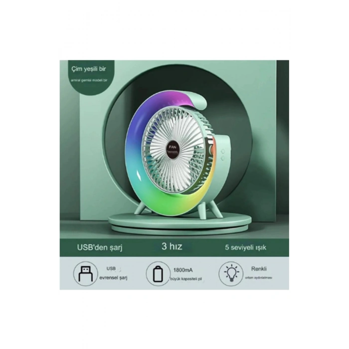 ÇOK SATAN Masaüstü Vantilatör Usb Şarjlı Rgb Led Işıklı 3 Kademeli 180° Ayarlanabilir Soğutucu Fan Yeşil