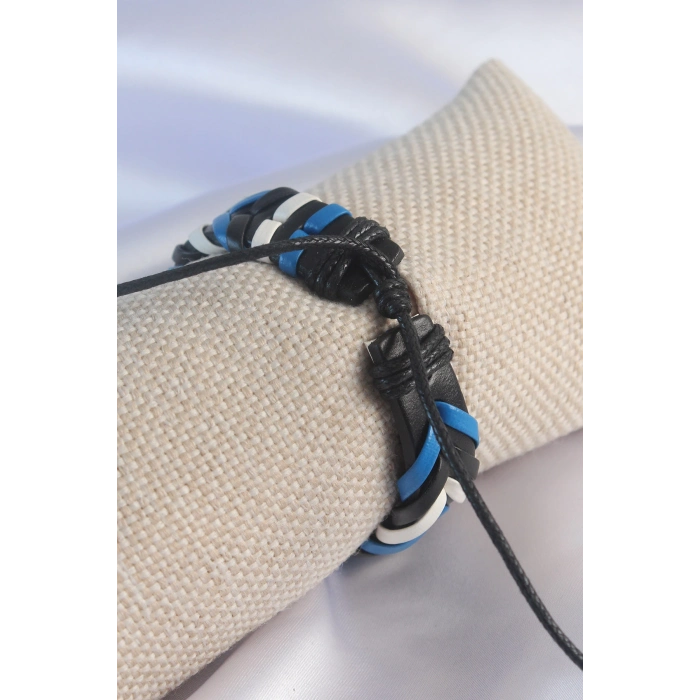 ÇOK SATAN Mavi Beyaz Renk Siyah Deri İpli Erkek Bileklik