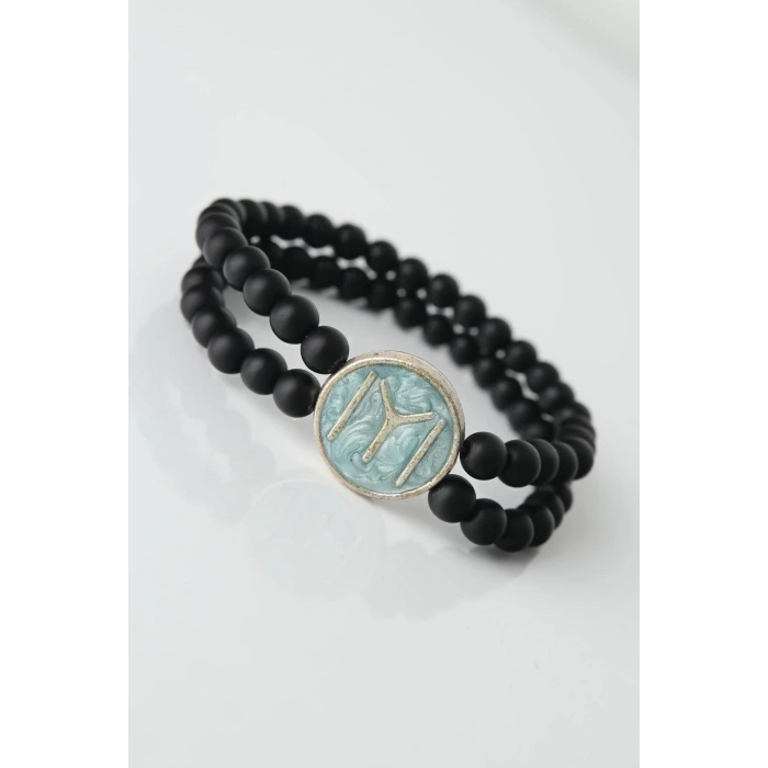 ÇOK SATAN Mavi Renkli Metal Üzerine Kayı Boyu Figürlü Siyah Renk Çift Sıra Doğal Taş Erkek Bileklik