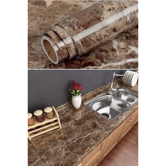 ÇOK SATAN Mermer Desenli Masa Tezgah Mutfak Su Geçirmez Yapışkanlı Folyo Sticker Kahverengi 5x0,6m