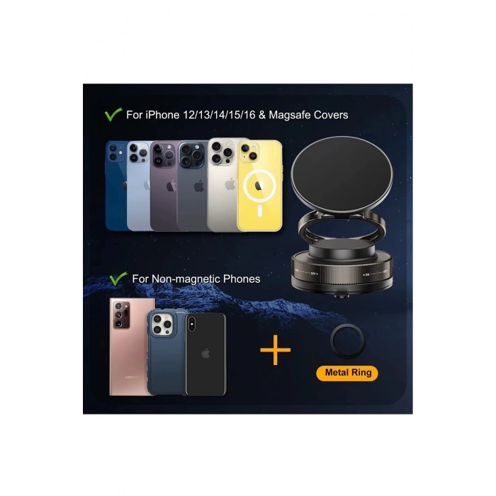 ÇOK SATAN Metalik Magsafe Telefon Tutucu Tüm Yüzeylerle Uyumlu Vakumlu 360 Dönen Oynar Başlık