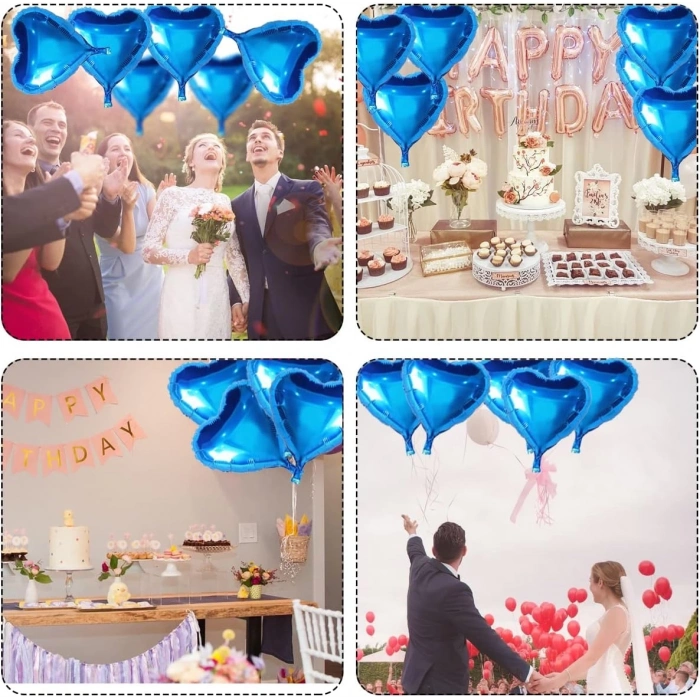 ÇOK SATAN Metalize Parlak Mavi Kalp Şekilli Uçan Balon Folyo 18 inç 45 cm 25 Adet