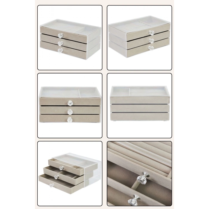 ÇOK SATAN Modern Gri 3 Çekmeceli Takı Bijuteri Mücevher Kutusu Organizer Düzenleyici Şeffaf 13 X 23 X 10 Cm