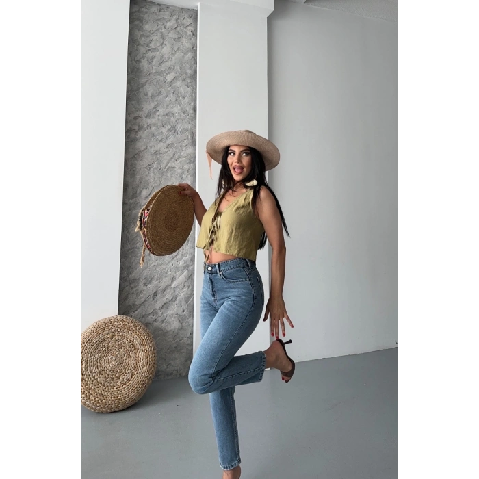 ÇOK SATAN Mom fit bıyık kar yıkama jeans pantolon koyu mavi d2006