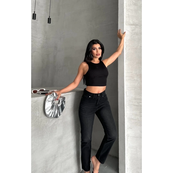 ÇOK SATAN Mom fit enzim bıyıklı taş yıkama jeans pantolon siyah d2006