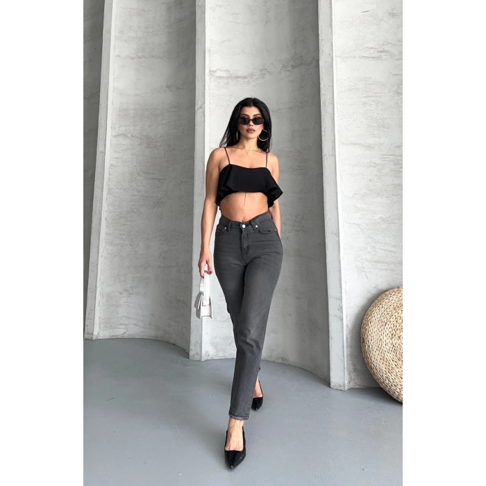 Mom fit enzim taş yıkama jeans pantolon füme d2006