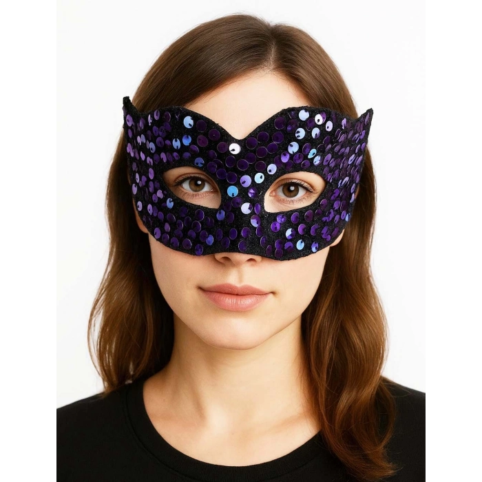 ÇOK SATAN Mor Renk Arkadan Lastikli Pul Payet İşlemeli Balo After Parti Maskesi