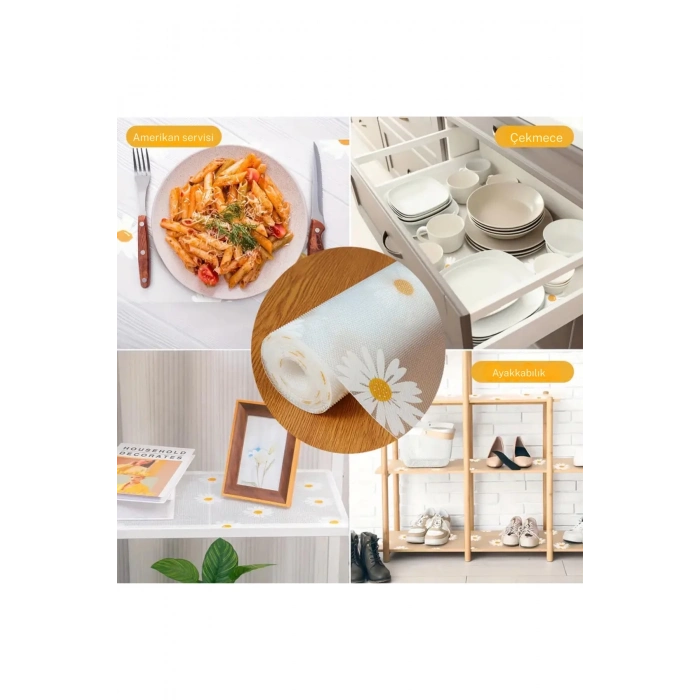 ÇOK SATAN Mutfak Eva Shelf Liner Şeffaf Astar Kaymaz Dolap İçi Çekmece Örtüsü Papatya Desen Mat 45cmx10 Metre