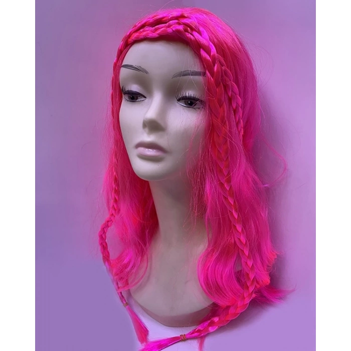 ÇOK SATAN Neon Pembe Renk Örgülü Helen Karakter Peruğu Takma Saç