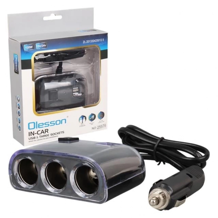 ÇOK SATAN Olesson 1505 12-24v Çift Usb Girişli 120w 80cm Kablolu 3lü Araç Çakmak Çoklayıcı