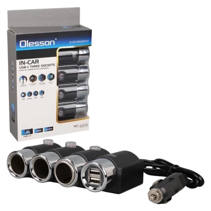 ÇOK SATAN Olesson 1508 12-24v 3lü Çift Usbli 120w 80 Cm Kablolu Araç Çakmak Çoklayıcı