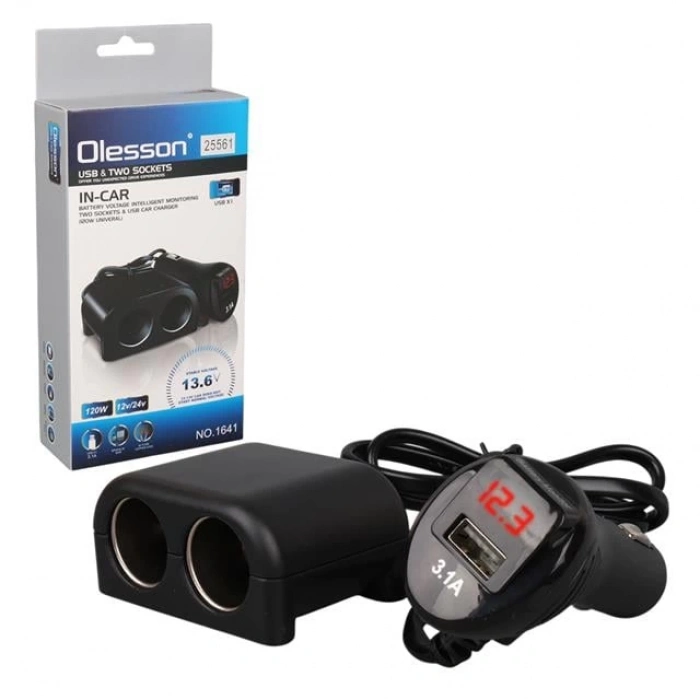 ÇOK SATAN Olesson 1641 12-24v Çiftli Usbli 120w 80cm Kablolu Dijital Ekranlı Araç Çakmak Çoklayıcı