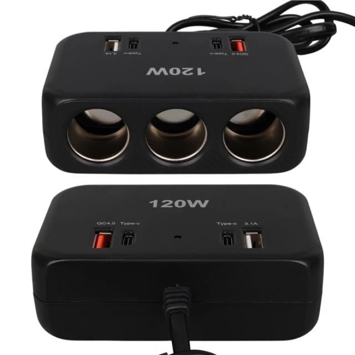 ÇOK SATAN Olesson 1656 12-24v Çift Usb + Çift Type-c 120w 80cm Kablolu 3lü Araç Çakmak Çoklayıcı