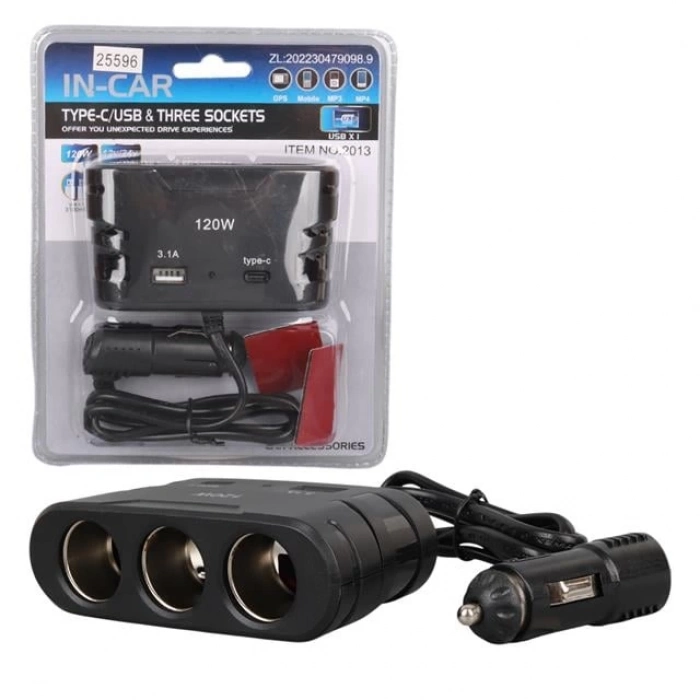 ÇOK SATAN Olesson 2013 12-24v Type-c + Usb Girişli 120w 80 Cm Kablolu 3lü Araç Çakmak Çoklayıcı
