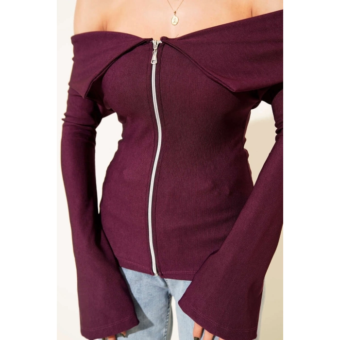 ÇOK SATAN Omzu Açık Fermuarlı Bluz Mürdüm T4330